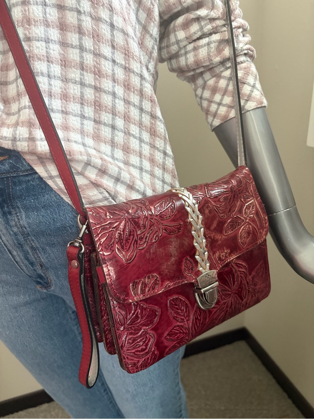 Patricia Nash Embossed Floral Crossbody Bag with Braided Accent in Burgundy